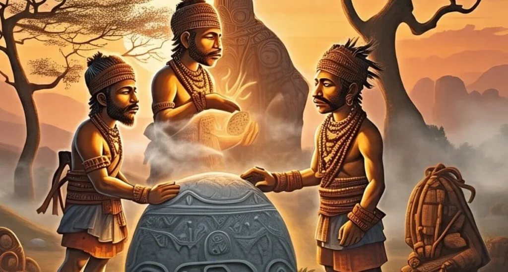 पारंपरिक वेशभूषा में तीन पुरुष एक प्राचीन बर्तन के चारों ओर अनुष्ठान कर रहे हैं।