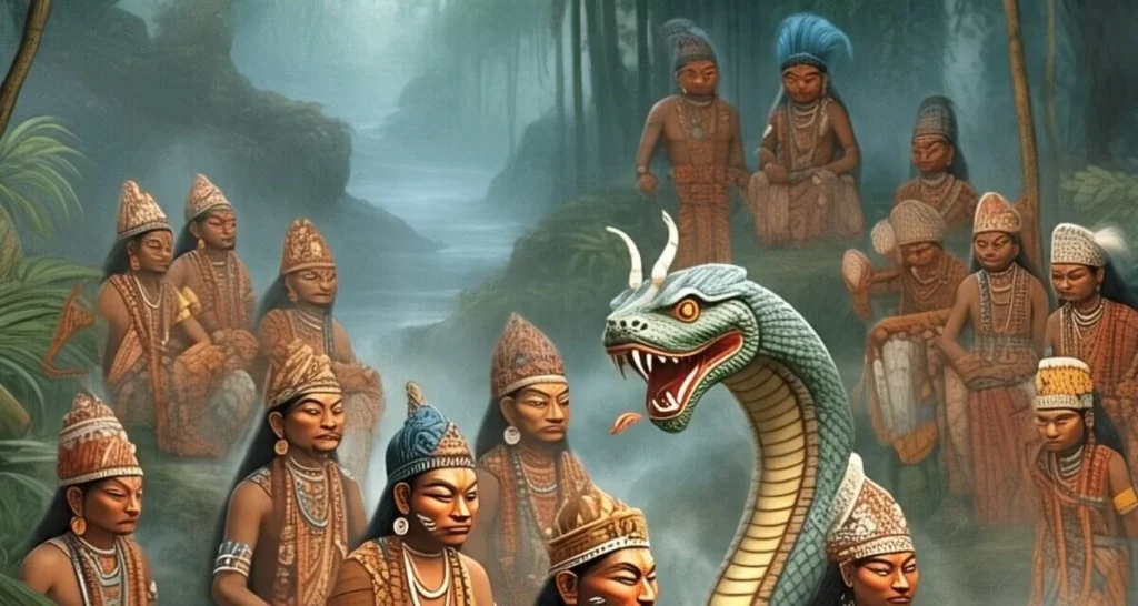 पारंपरिक वेशभूषा में लोग जंगल में एक नाग देवता के सामने बैठे हैं।