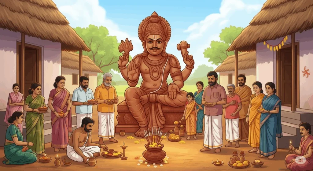 तमिलनाडु के एक गाँव में अय्यनार की विशाल मिट्टी की मूर्ति के सामने ग्रामीण पूजा करते हुए, पुरुष और महिलाएँ पारंपरिक वेशभूषा में बैठे और खड़े हैं, प्रसाद और दीपक चढ़ा रहे हैं, पीछे झोपड़ियाँ और पेड़ दिख रहे हैं।