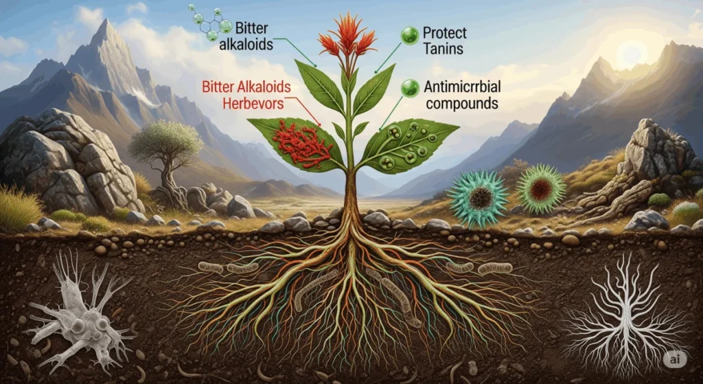 पौधों के रक्षा तंत्र का आरेख: एल्कलॉइड्स, टैनिन, एंटीमाइक्रोबियल यौगिक और जड़ें।