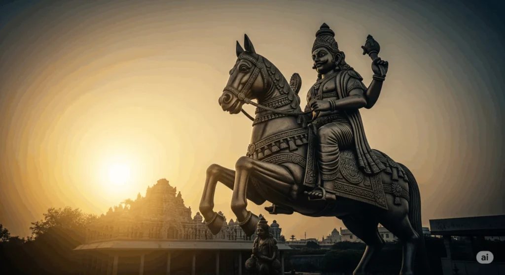 अय्यनार: सुनहरे सूर्यास्त के समय एक विशाल, अलंकृत घोड़े पर सवार अय्यनार देवता की मूर्ति, पृष्ठभूमि में दक्षिण भारतीय मंदिर की संरचनाएँ और एक चमकता हुआ क्षितिज।