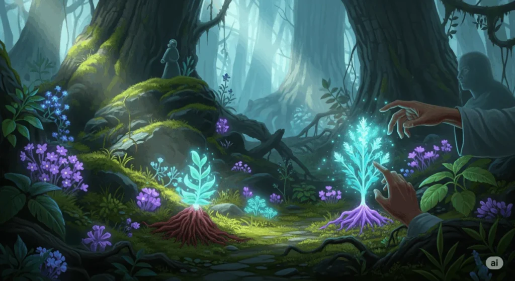 रहस्यमय जंगल में चमकते पौधे, मनुष्य प्रकृति की उपचार शक्ति से जुड़ते हुए।